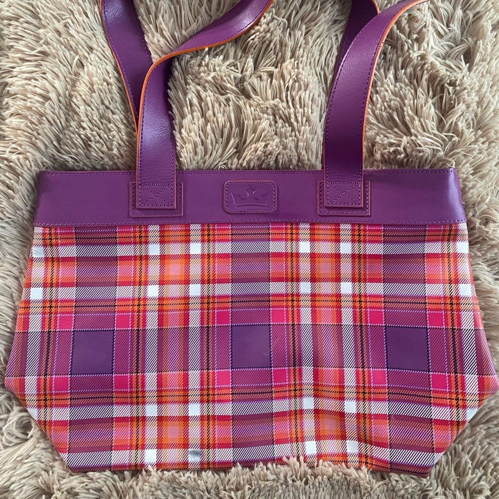 Purple and orange plaid travel bag